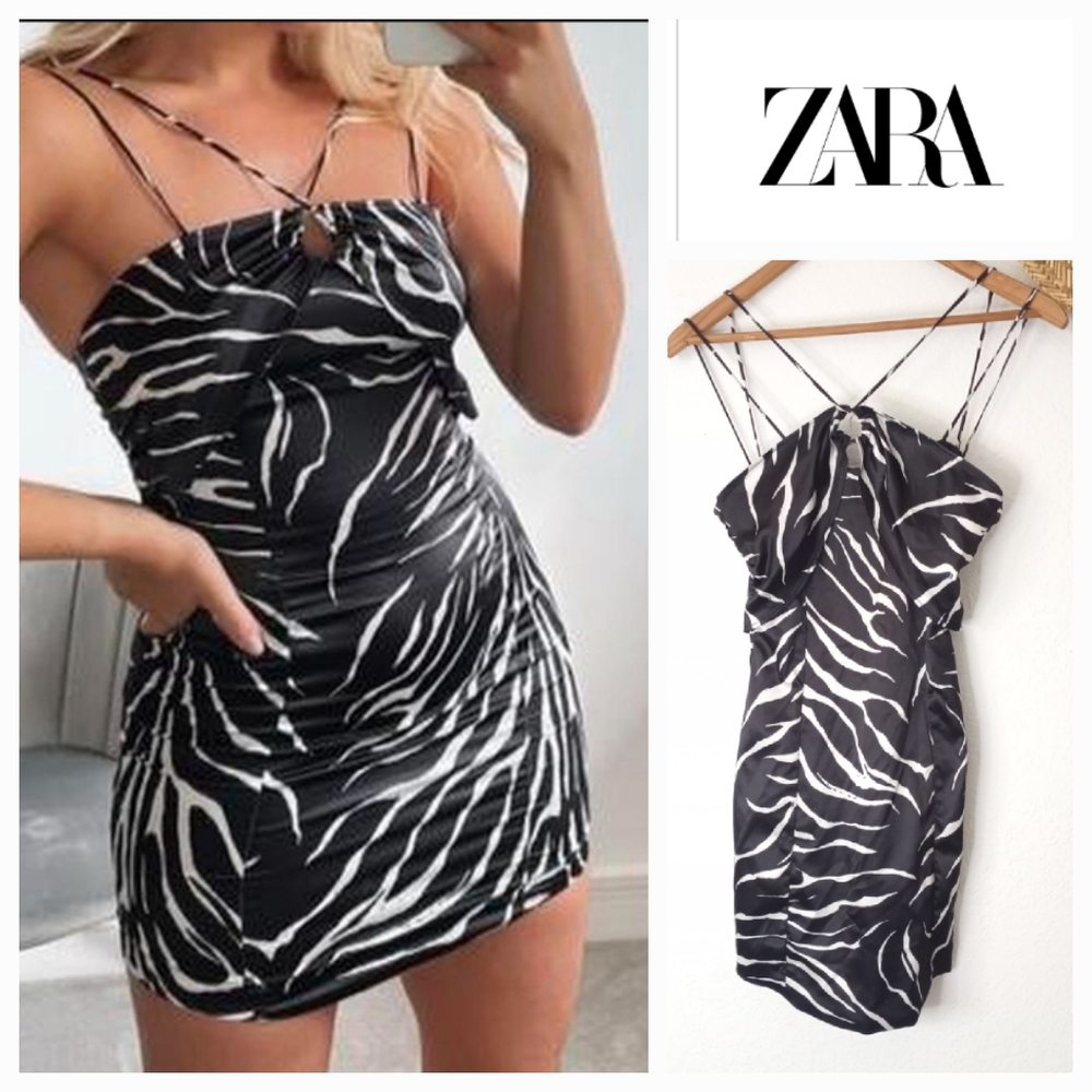 NWOT Zara Minimalist Black Zebra Print Satin Dress Sz XS